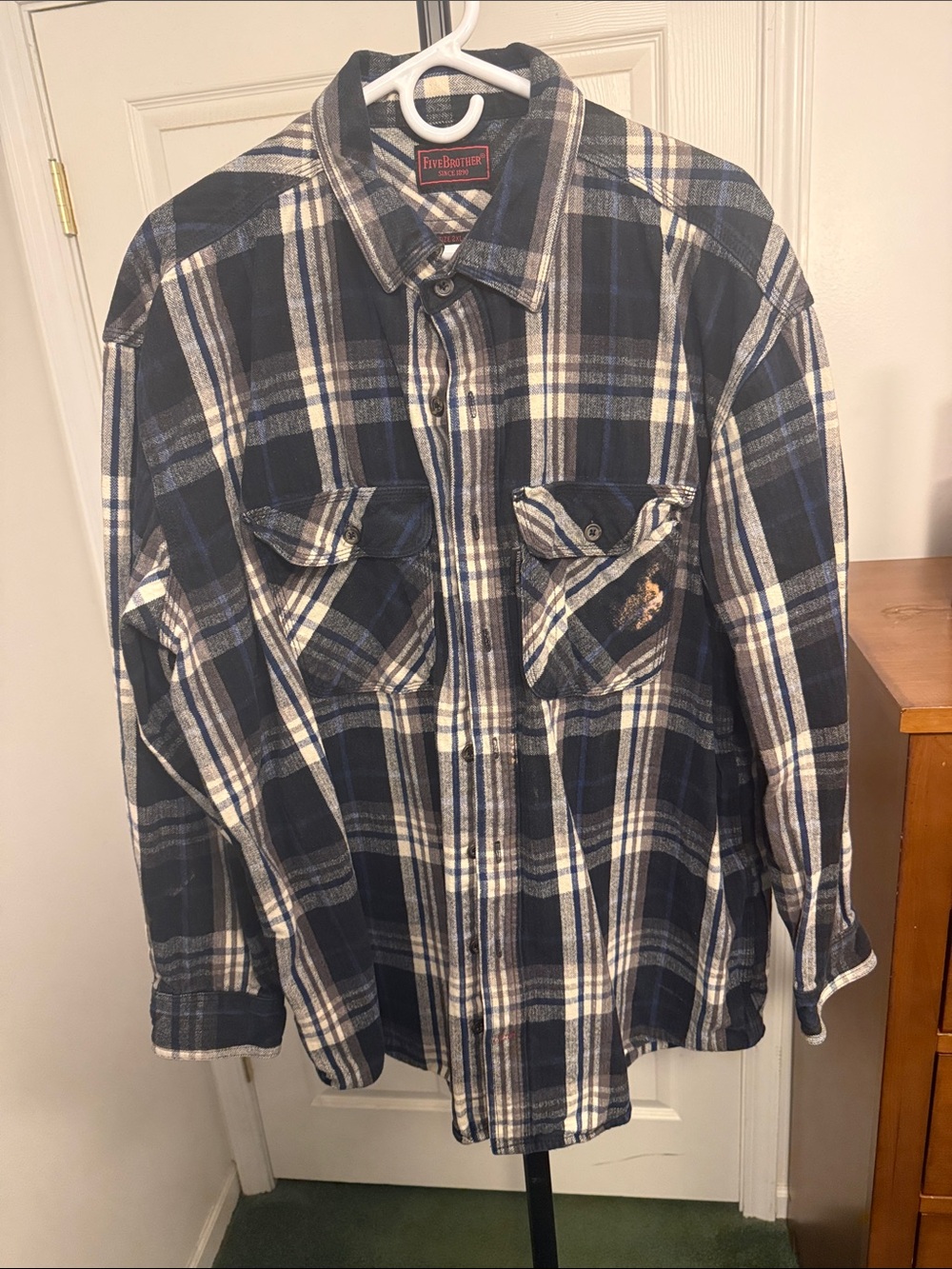 FiveBrother Men's Heavy XXLT Navy, White and Gray Flannel Button-Down Shirt